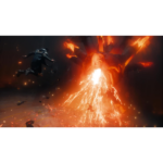 71eubO-1fHL_SL1500___627061783532730 - Video Game Depot Hero in a dark outfit leaps away as a massive lava-lit boss unleashes a fiery blast in a dark, smoky arena set on a ruined street.