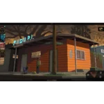 71fC2_oN8PL_SL1500___250571760560414 - Video Game Depot Stylized street scene at sunset with an orange storefront labeled 'Apple Street', a person standing nearby with a small dog on the sidewalk.