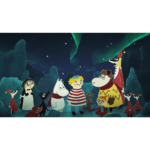 Group of Moomin characters standing together in a snowy, rocky landscape at night under a green aurora and stars.
