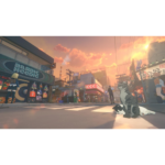 71fsBgac0bL_SL1500___385051779297973 - Video Game Depot Stylized anime city street at sunset with pedestrians, neon storefronts, and two cats in the foreground.