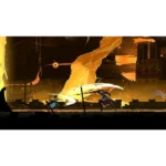 Two armored warriors clash on a burning wooden bridge as a fiery orange swirl fills the sky behind them near a Gothic cathedral.