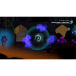 Fantasy game scene with a glowing blue bubble around a central console and the mission text 'Find the District's Power Source' in a dark dungeon setting.