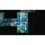 Pixel-art underwater dungeon scene with a small explorer on a stone platform among orange coral and blue water tiles, glowing white path lines visible.