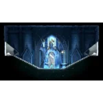 Ice-blue fantasy cathedral with stairways on both sides leading to a glowing central doorway. a armored figure stands at the entrance.