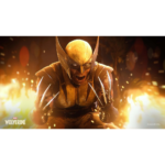 Wolverine in gold armor crouching and charging with extended claws amid fiery explosions in a dark, smoky scene (Marvel image).