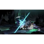 71h0KYIb48L_SL1500___381741775853346 - Video Game Depot Fierce cavern battle: a muscular warrior swings a glowing cyan sword as two dark creatures react, with glowing mushrooms and a green pool nearby.
