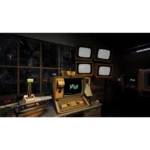 71igLeIB9nL_SL1500___207341770931876 - Video Game Depot Retro computer workstation with a small monitor, keyboard, and stacked CRT screens in a dim control room.