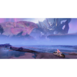 Character with pink hair rides a futuristic motorcycle along a rocky shore toward towering crystal cliffs in a purple fantasy landscape in-game.