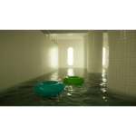 71lTjhBiFBL_SL1500___853821776280332 - Video Game Depot Indoor tiled pool room with two inflatable inner tubes floating on the water (teal and green).