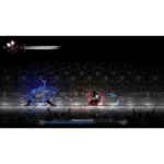 Blue armored knight and a red-cloaked foe clash in a dark arena, swords clashing as glowing impact trails appear; health bar at bottom.