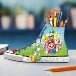 71llGQi7YEL_AC_SL1500___858991785270348 - Video Game Depot Colorful high-top sneaker with a Mario-themed puzzle design filled with pencils and pens.