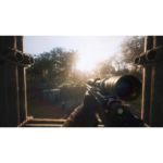 71mP0o_SNxL_SL1500___554761776802439 - Video Game Depot First-person view of a sniper aiming a scoped rifle from a wooden lookout over a tropical jungle at sunrise.