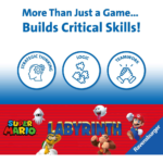 Header reads: 'More Than Just a Game... Builds Critical Skills!' with three circular icons labeled Strategic Thinking, Logic, and Teamwork; below is a Super Mario Labyrinth Ravensburger game banner.