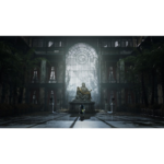 71pVsxEniqL_SL1500___208551781638979 - Video Game Depot A person stands facing a large statue in a dark, abandoned glasshouse with a tall arched window behind them.
