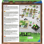 Box cover of a Minecraft: Builders & Biomes board game showing game board tiles and components laid out on a table
