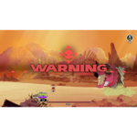 71qrqnDVJAL_SL1500___492051781111921 - Video Game Depot In-game battle scene with a large red 'WARNING' banner across a fiery canyon, facing a dragon boss on the right and a small character at the left, with HUD elements at the bottom.