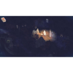 A lone Moomin character stands in a lit wooden room, spotlighted in a dark, starry void.