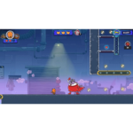 71sBMD_PHML_SL1500___021821782502937 - Video Game Depot Small orange character facing a large purple enemy in a red cape inside a factory-like level with pipes and platforms; hearts and UI icons at top-bar, ready indicator on right, coins count visible (18).