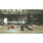 Two men duel in a ruined courtyard as one releases a swirling wind blast toward the other on a stone arena floor.