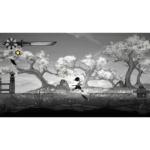 Monochrome side-scrolling scene: a running silhouette in a forest, with a large sword arc overhead and a lantern to the right.