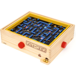 71tIK0dVv0L_AC_SL1500___210721785344548 - Video Game Depot Wooden Pac-Man maze game with blue maze pieces and red side knobs, players guide pieces through dotted track to collect pellets.