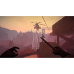 71uQ-DiNXvL_SL1500___917471766527061 - Video Game Depot First-person view in a stylized game: player’s hands with a knife, overlooking a distant helicopter over a wooden fort at sunset.