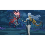 71ui11ooZVL_SL1500___279041779297973 - Video Game Depot White-haired female fighter in a black-and-gold outfit faces a flaming red demon in a ruined courtyard at dusk.