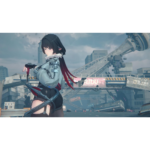 71vgGh7LOTL_SL1500___077711779297973 - Video Game Depot Anime-style female fighter in a gray jacket and shorts stands in a futuristic construction site, wielding a curved blade.