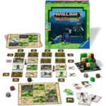 Minecraft Builders & Badges board game box shown with tiles, cards, mini figures, blocks, and map sheets laid out.