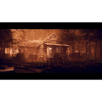 71wCwqyQzBL_SL1500___831511781729002 - Video Game Depot A wooden log cabin in a forest at dusk, bathed in warm orange light on a misty evening.
