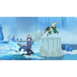 Animated ice cavern scene: a man in blue aiming a bow on the left, a woman in a fur coat stands behind him, and a boy leaps mid-air toward a large ice block on a pedestal.