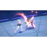71xnrAj1TyL_SL1500___362081779297973 - Video Game Depot Two anime-style fighters duel in a futuristic arena with a pink energy arc sweeping between them.