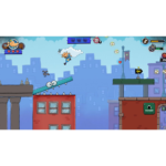 71yL9u2lZrL_SL1500___578921782502943 - Video Game Depot Cartoon platform game scene: a blue-clad hero jumps mid-air between rooftops in a city, with a blue crocodile obstacle ahead and platforms below.