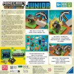 Collage-style cover for Minecraft: Junior Builders & Biomes, featuring voxel scenes, lava blocks, and multilingual text panels.