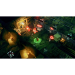 Isometric action scene: a player with a green glowing aura battles red enemies near a fenced area with crates and barrels.