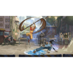 Animated street duel: a bald monk in orange leaps with a bo staff, swirling wind around him while a waterbender slides on water; crowd watches in the background.