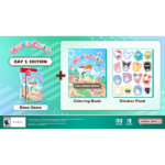 Colorful game promo banner showing the Base Game labeled Day 1 Edition, plus a coloring book and a sticker pack on a teal gradient background.