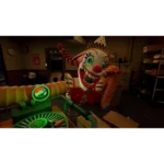 810Afhu9yzL_SL1500___204891770931877 - Video Game Depot Creepy carnival clown animatronic looming over a cluttered workshop with a green control panel in the foreground