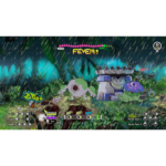 812Og0M-kL_SL1500___519231781111922 - Video Game Depot Colorful game screenshot of a rainy jungle battle with cartoon monsters attacking a stone fortress and on-screen controls at the bottom.