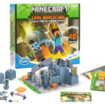 Minecraft Cave Adventure ThinkFun puzzle game box with assembled 3D maze pieces and mini figures on the table.