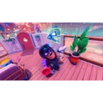Cartoon game character dancing on a sunlit rooftop patio with string lights, a red door, and a potted plant nearby.