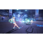Anime-style female fighter with long green hair battles a glowing, armored foe in a futuristic hangar with neon energy blasts and particles."The action emphasizes a sci-fi duel with bright blue and pink energ y effects."
