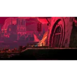 A lone runner on a wooden bridge in a fiery red medieval town, with a large circular gate on the right and a Gothic cathedral in the background.