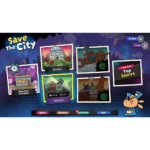 815SJTurEfL_SL1500___223451782502947 - Video Game Depot Colorful game level select screen titled 'Save The City' with six framed levels and a cartoon hero at the bottom-right edge.