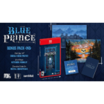815UUoWwfLL_SL1500___674811781802436 - Video Game Depot Promotional image for the Blue Prince game bonus pack: red game case, two art posters, a booklet, and a blue card on a dark patterned background.