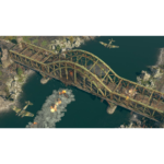 816W3NiMaEL_SL1500___207391782506530 - Video Game Depot Wartime scene: a weathered steel truss bridge over a river, with planes above and explosions/fire beneath it.