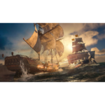 Two large sail ships clash on rough seas at sunset, with cannons firing and spray around the bowside battle.