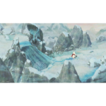 Winter icy landscape with jagged rocks and a small white creature in a red scarf walking along a frozen stream.
