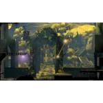 Side-scrolling fantasy platformer: a hero swings on a glowing rope through a ruined, overgrown courtyard at dusk.