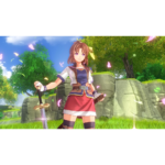 Anime-style female warrior with brown hair and a yellow ribbon, sword drawn, standing in a sunny grassy landscape.